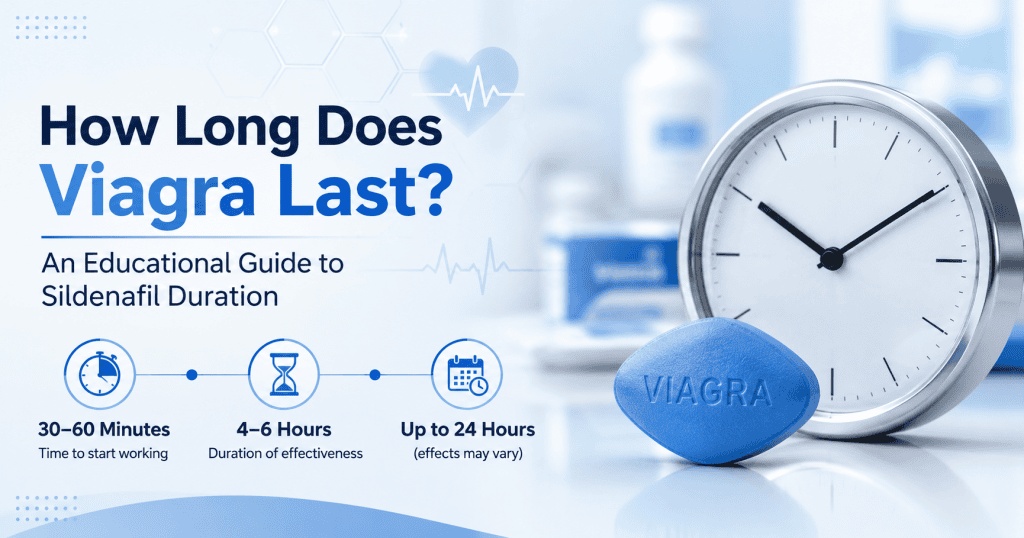 How Long Does Viagra Last? Educational guide showing Sildenafil duration with a blue tablet, clock, and treatment timeline.