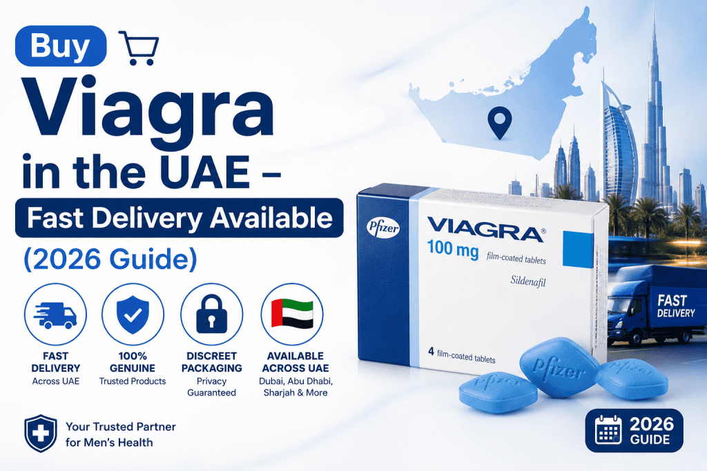 Buy Viagra in the UAE with fast delivery. Medical-style image showing Sildenafil tablets, UAE skyline, and secure online ordering.