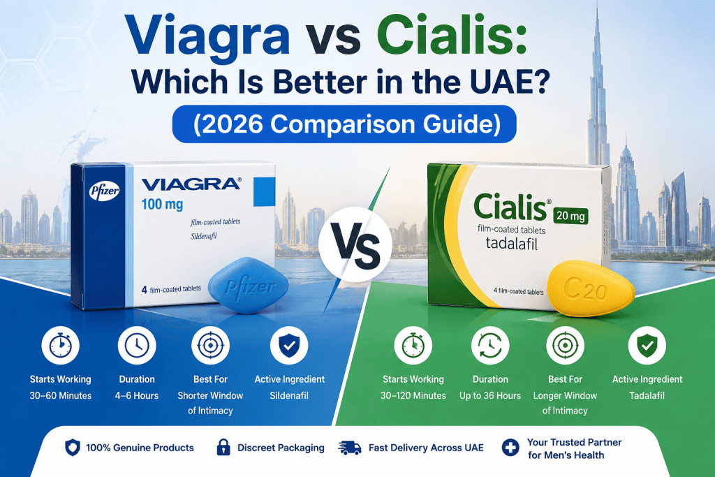 Viagra vs Cialis comparison guide showing Sildenafil and Tadalafil with key differences in duration, onset, and effectiveness.