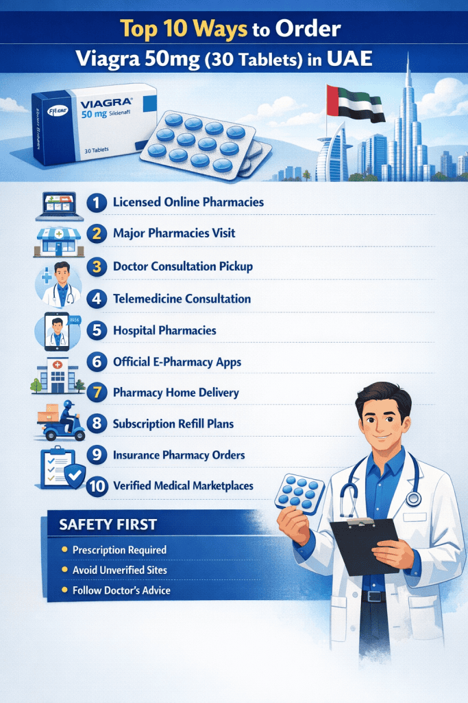 Infographic showing top 10 safe ways to order Viagra 50mg (30 tablets) in UAE with pharmacy options and safety guidelines.