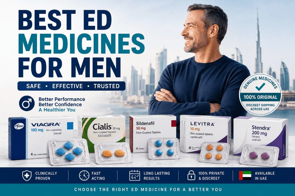 Best ED Medicines for Men featuring Viagra, Sildenafil, Tadalafil, and other erectile dysfunction treatments available in the UAE.