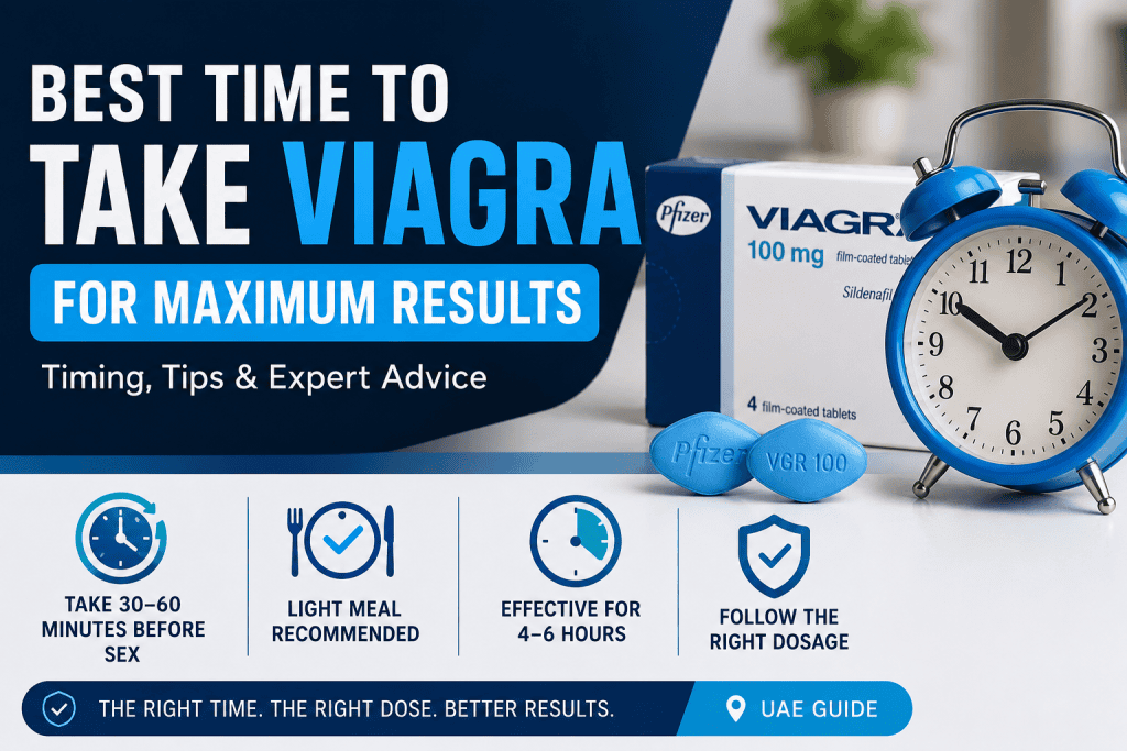 Best time to take Viagra guide with clock and healthy lifestyle concept for maximum effectiveness.